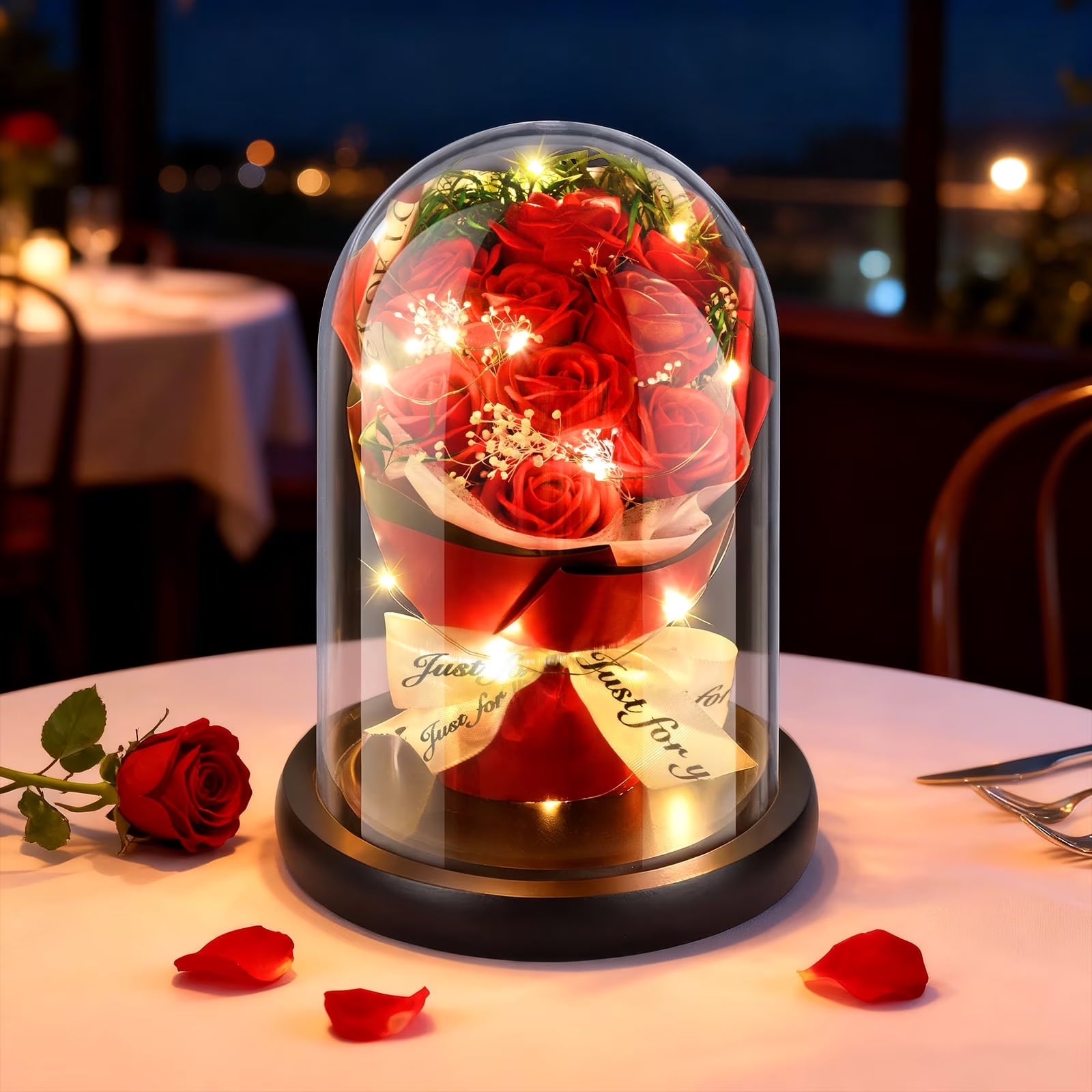 Valentines Day Decorations, Artificial Flowers Red Roses in Glass Dome with Lights, Light up Rose Anniversary Romantic Gift for Her, Birthday Gifts for Women, Mom, Wife, Girlfriend